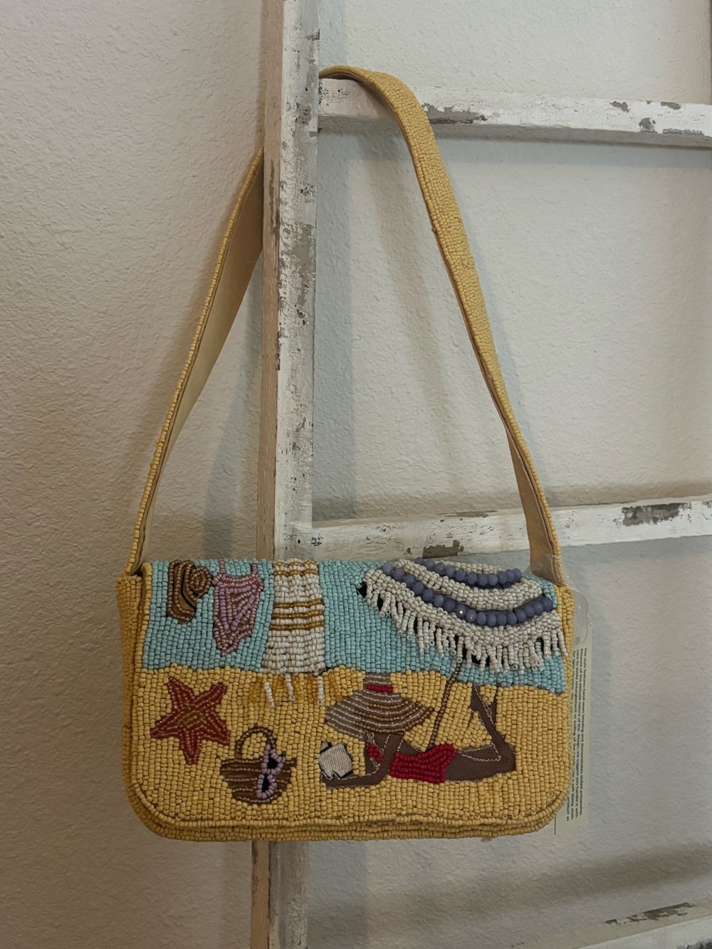 Hand Crafted Mustard Yellow Beaded Beach Scene Shoulder Bag